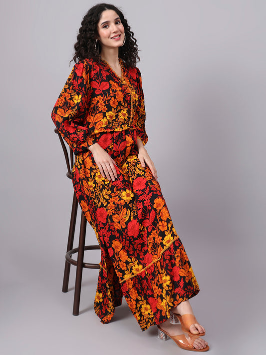 Viscose Rayon Black Color Printed Full Length Dress S3000