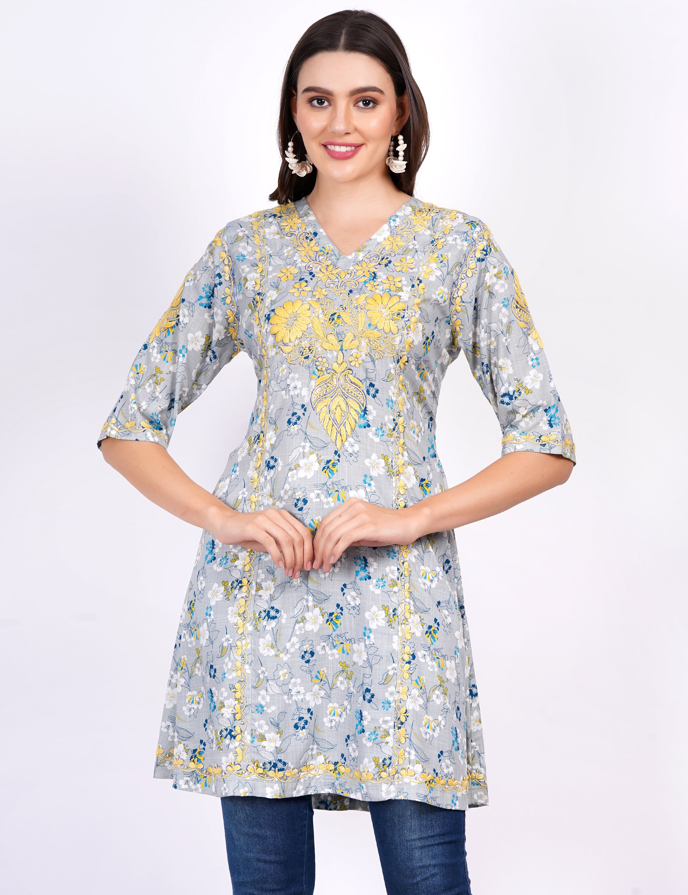 Blue Printed Rayon Chikankari Dress - Sufiza Lifestyle