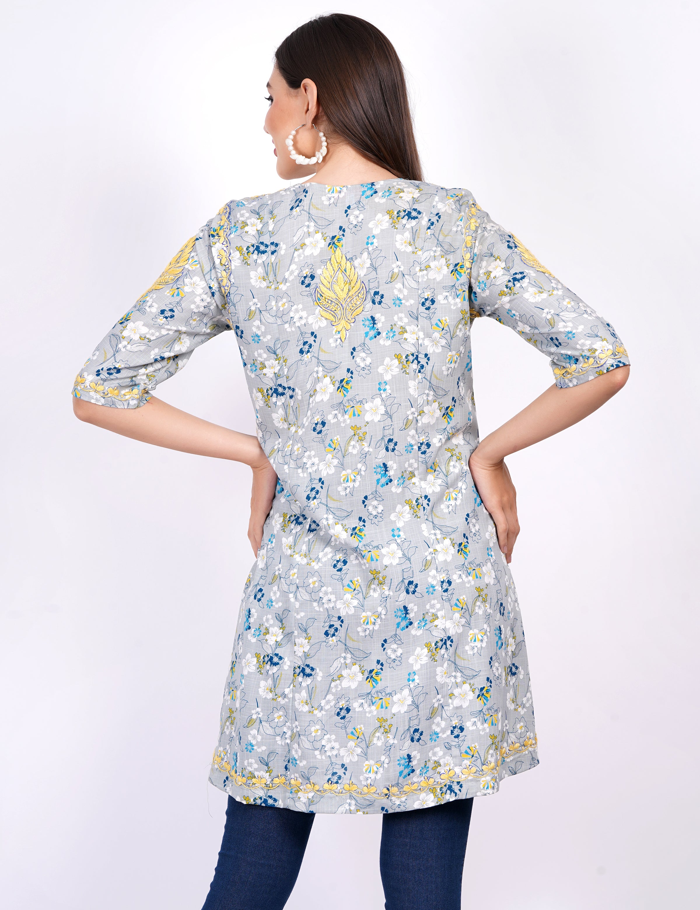 Blue Printed Rayon Chikankari Dress