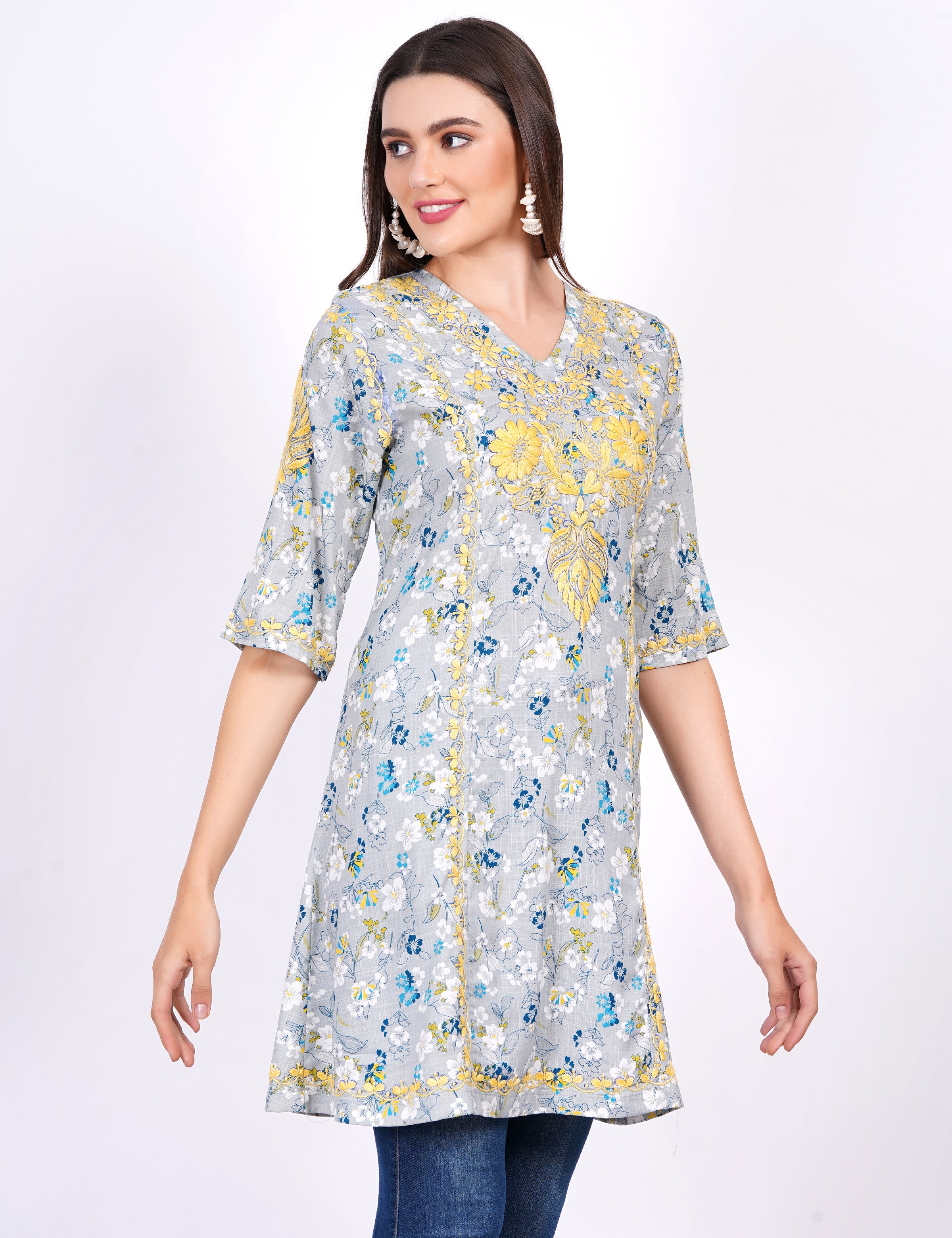 Blue Printed Rayon Chikankari Dress