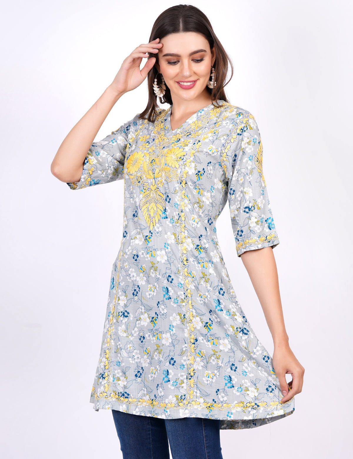 Blue Printed Rayon Chikankari Dress - Sufiza Lifestyle