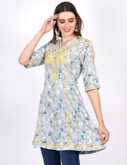 Blue Printed Rayon Chikankari Dress - Sufiza Lifestyle