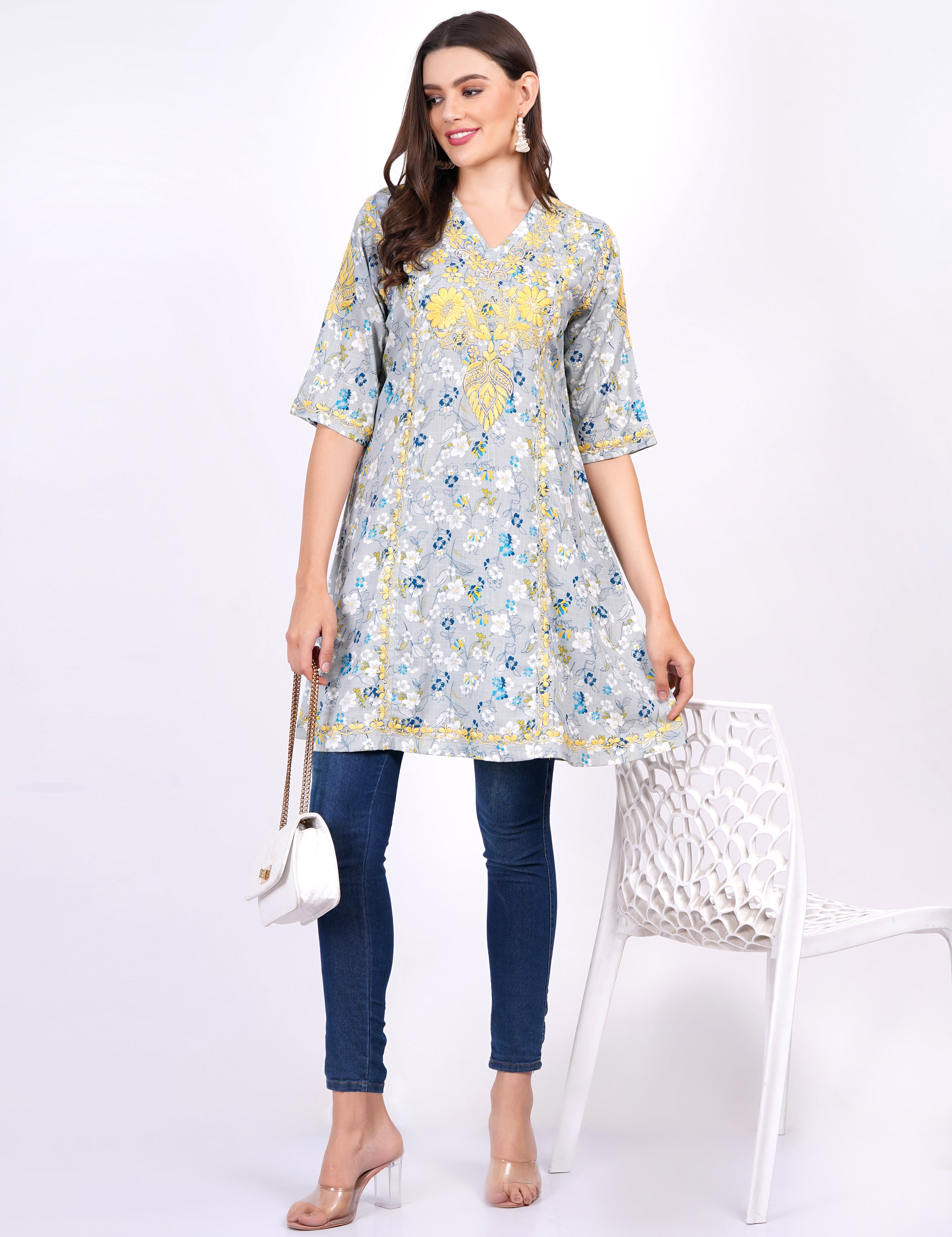 Blue Printed Rayon Chikankari Dress