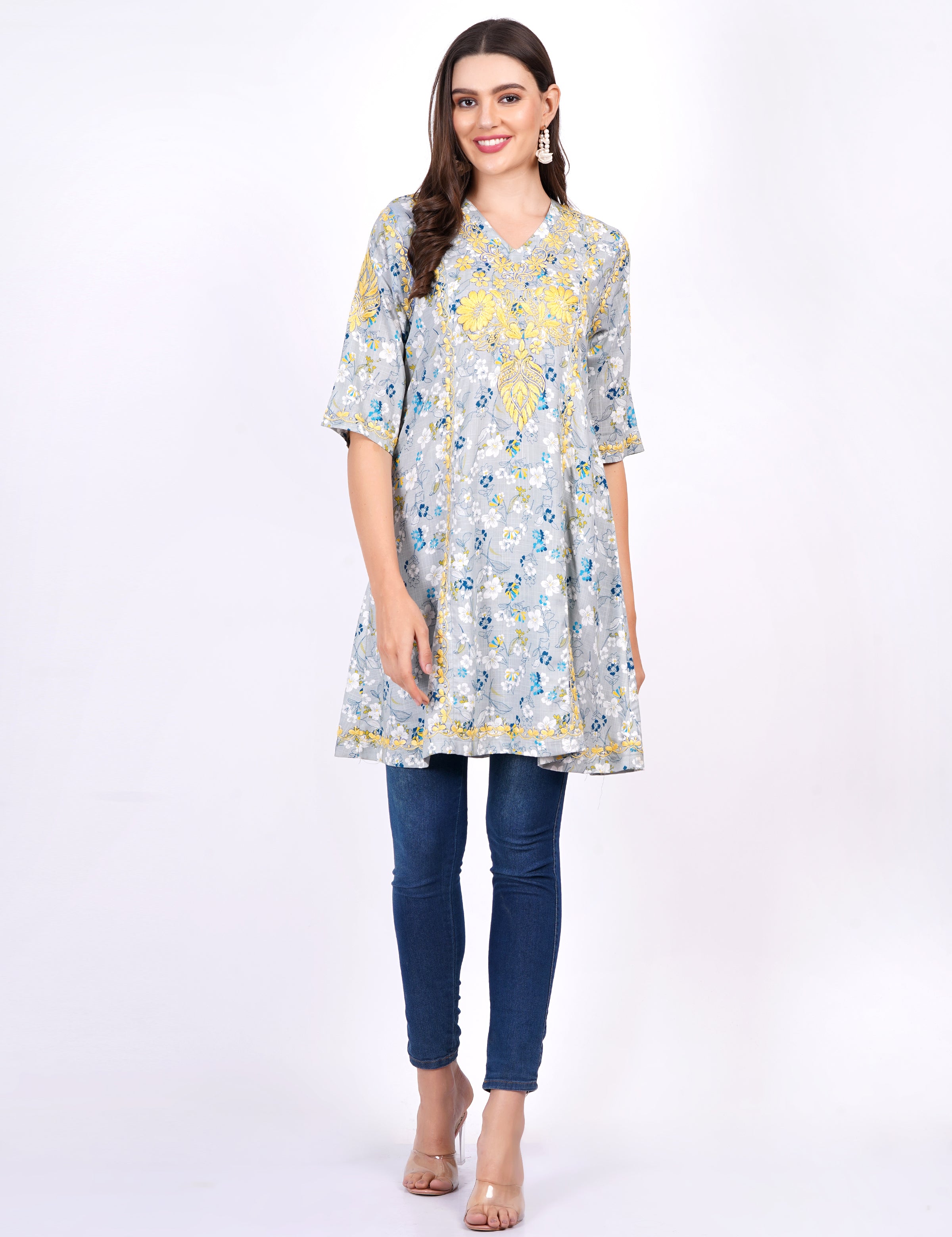 Blue Printed Rayon Chikankari Dress - Sufiza Lifestyle