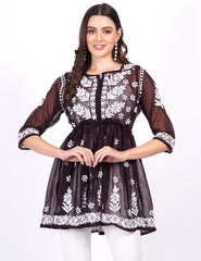 Georgette Brown Peplum Chikankari Dress