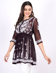 Georgette Brown Peplum Chikankari Dress - Sufiza Lifestyle
