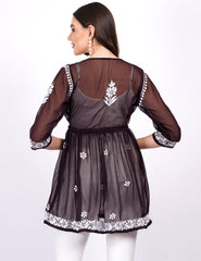 Georgette Brown Peplum Chikankari Dress - Sufiza Lifestyle