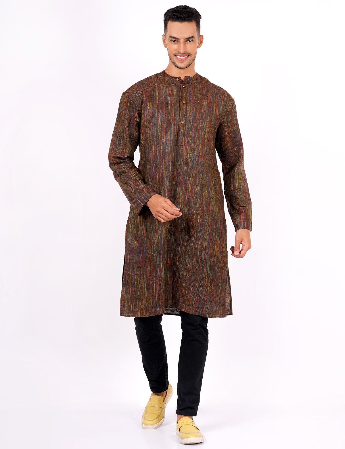 Brown Self Design Mens Khadi Kurta