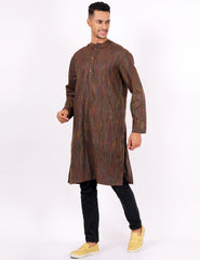 Brown Self Design Mens Khadi Kurta