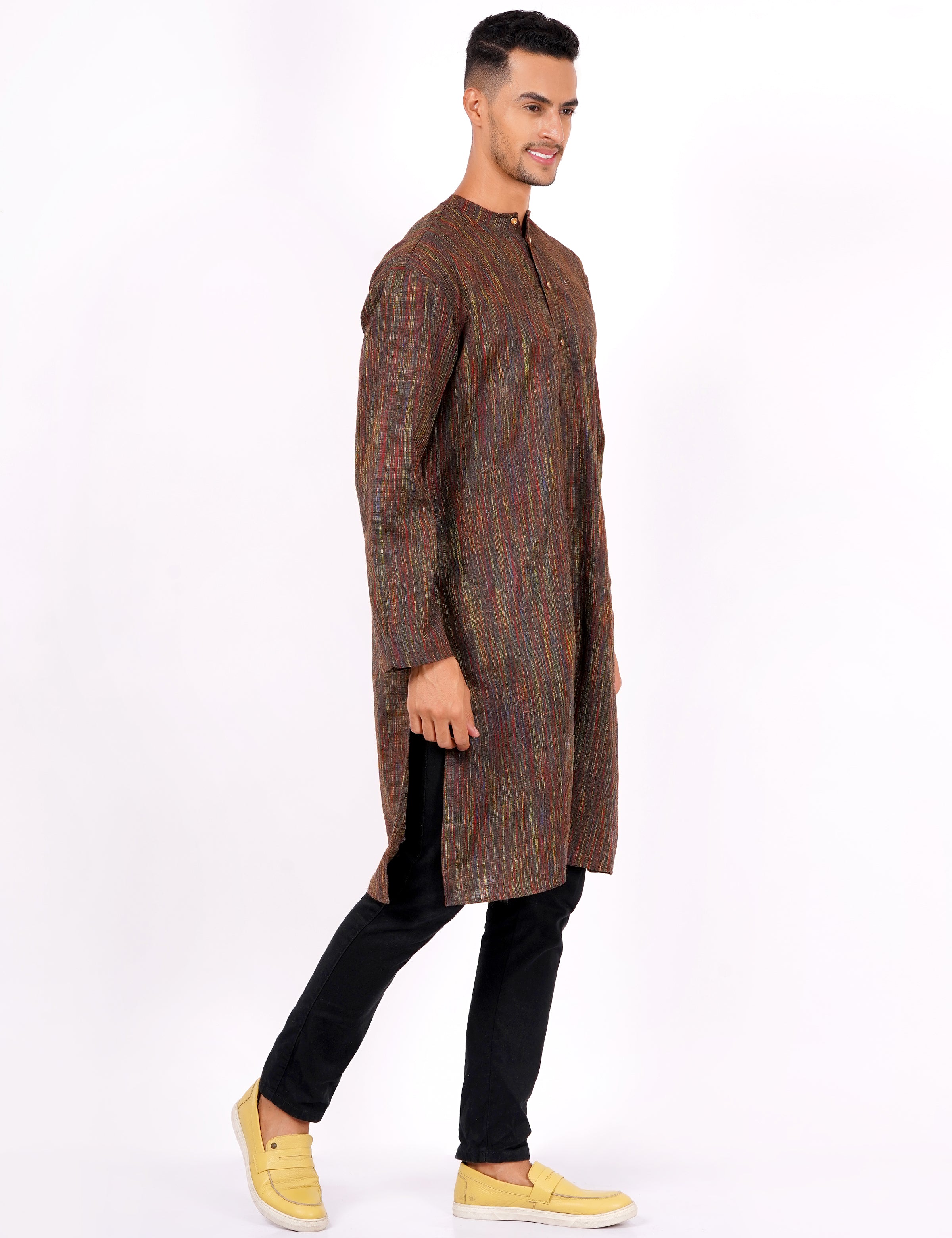 Brown Self Design Mens Khadi Kurta