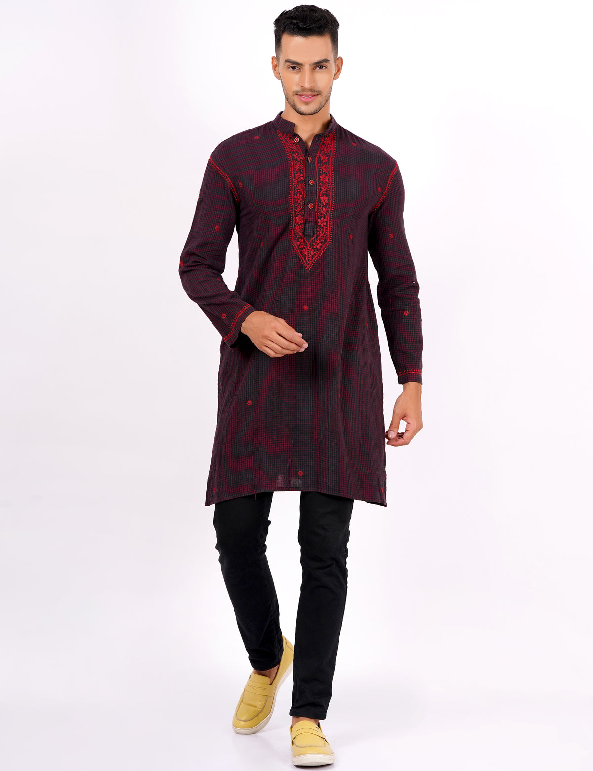 Brown Red Checks Chikankari Khadi Mens Kurta