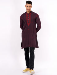 Brown Red Checks Chikankari Khadi Mens Kurta