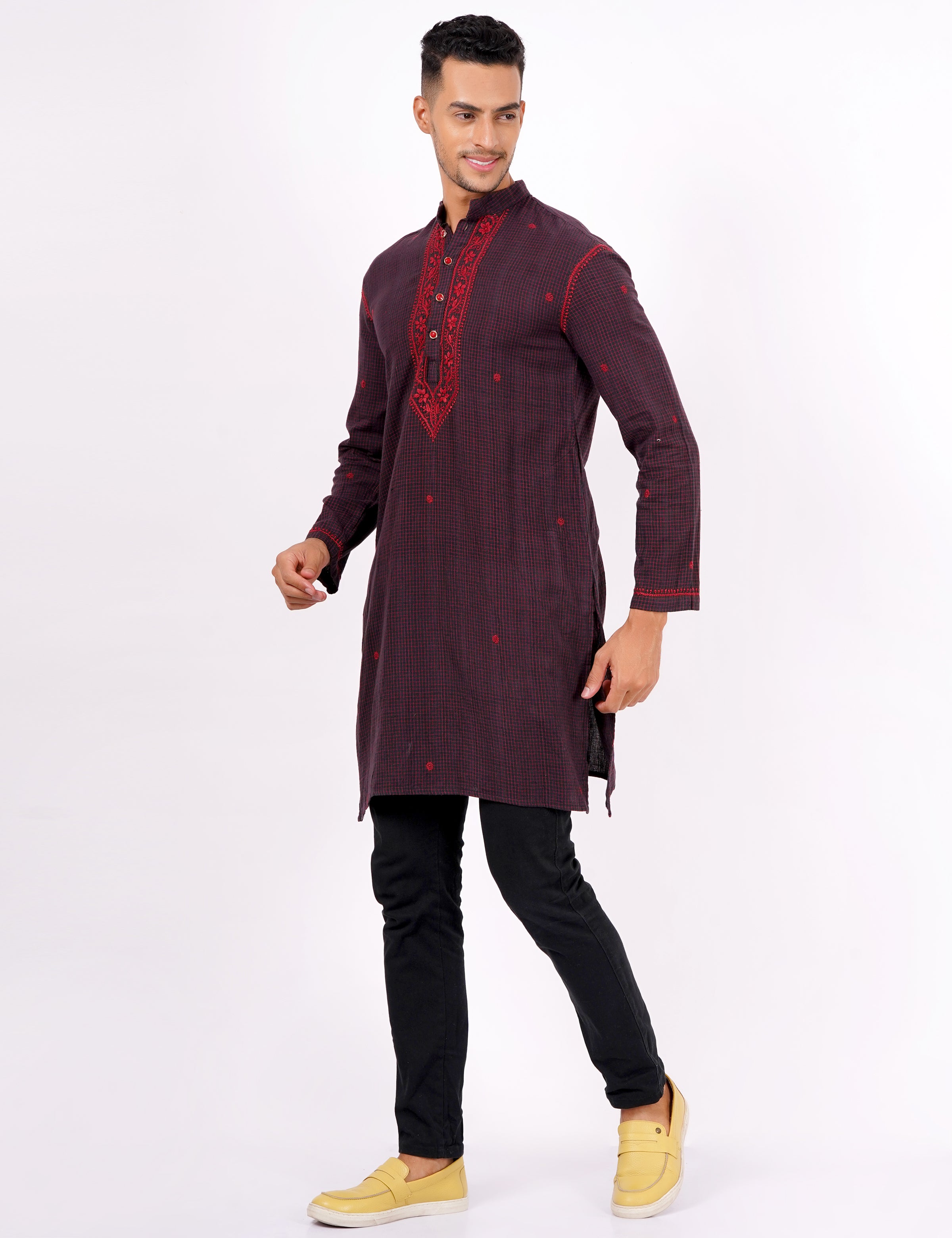 Brown Red Checks Chikankari Khadi Mens Kurta