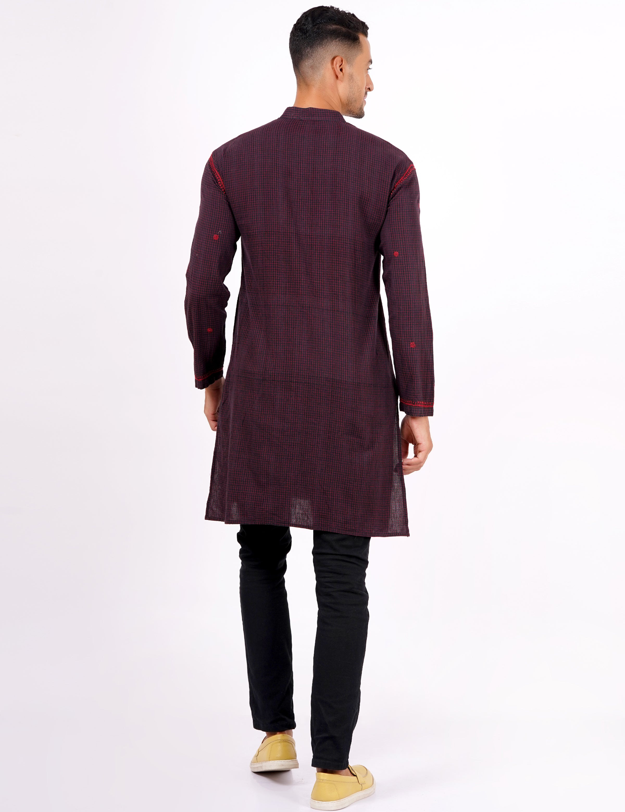 Brown Red Checks Chikankari Khadi Mens Kurta