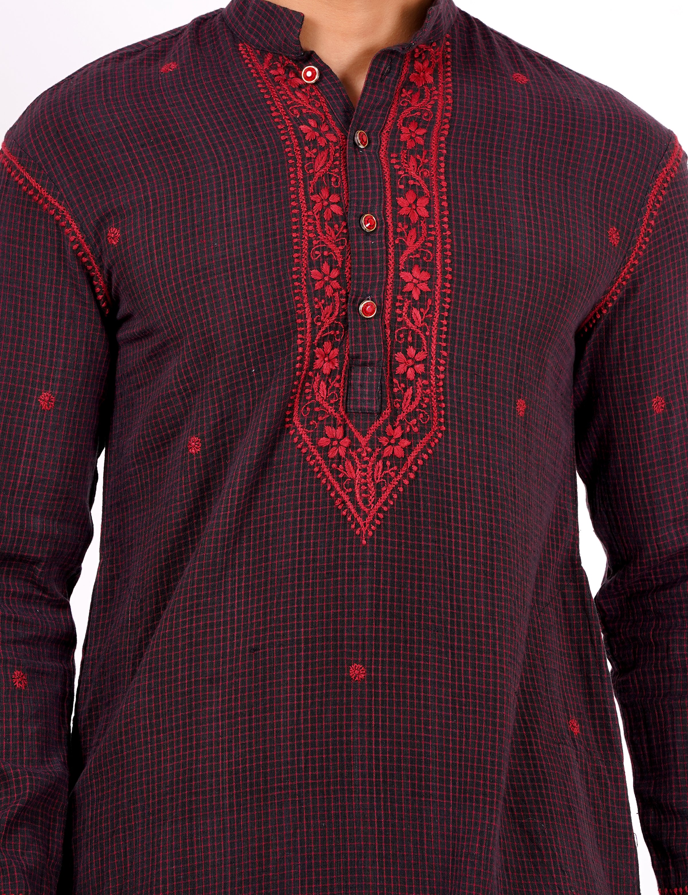 Brown Red Checks Chikankari Khadi Mens Kurta