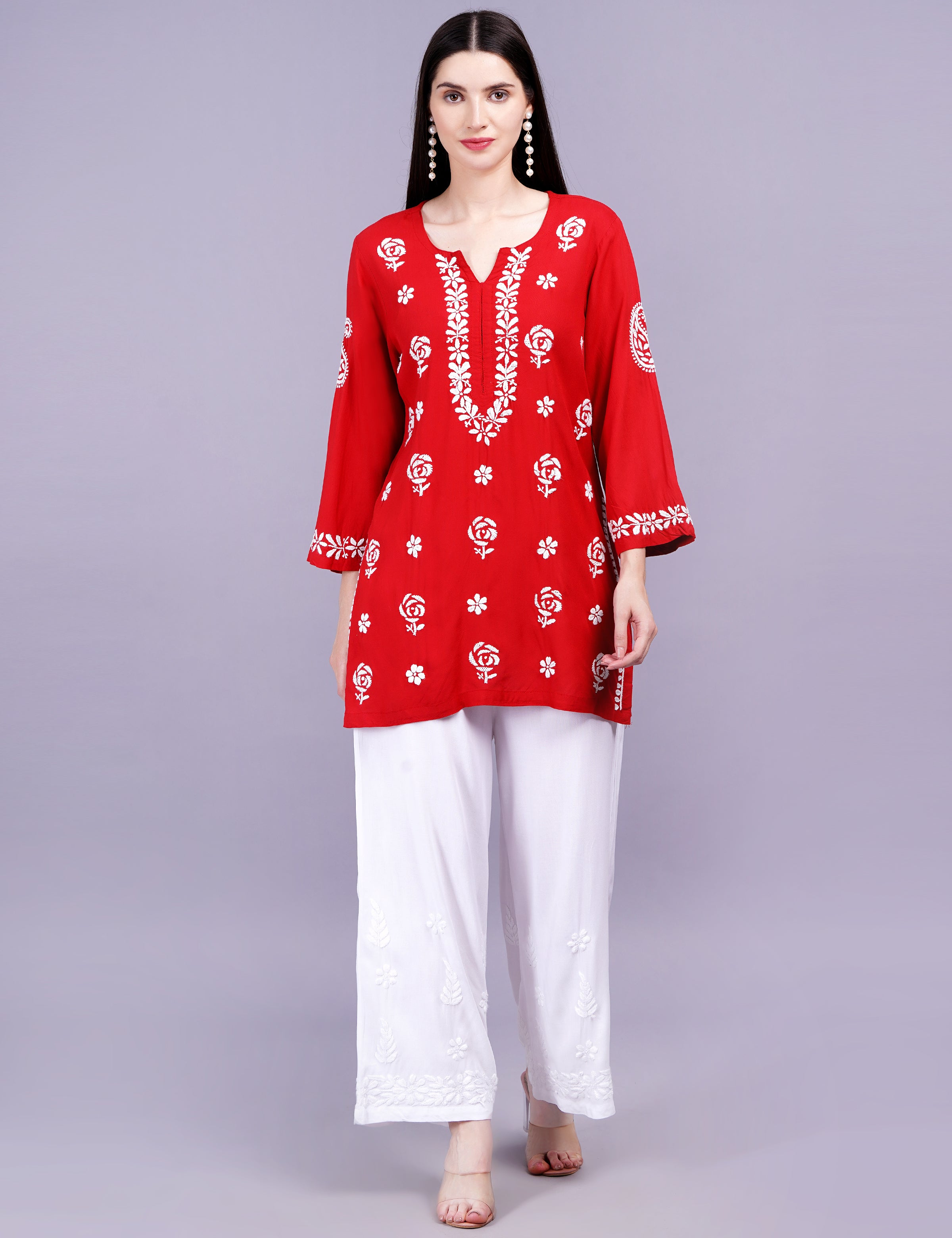 Red Viscose Rayon Chikankari Kurti