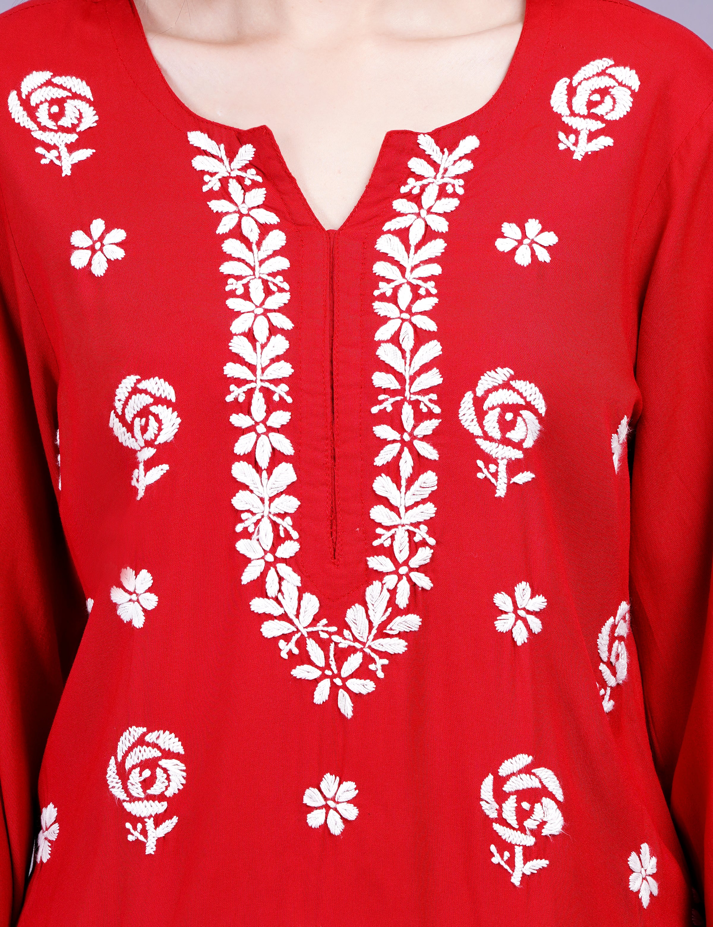 Red Viscose Rayon Chikankari Kurti