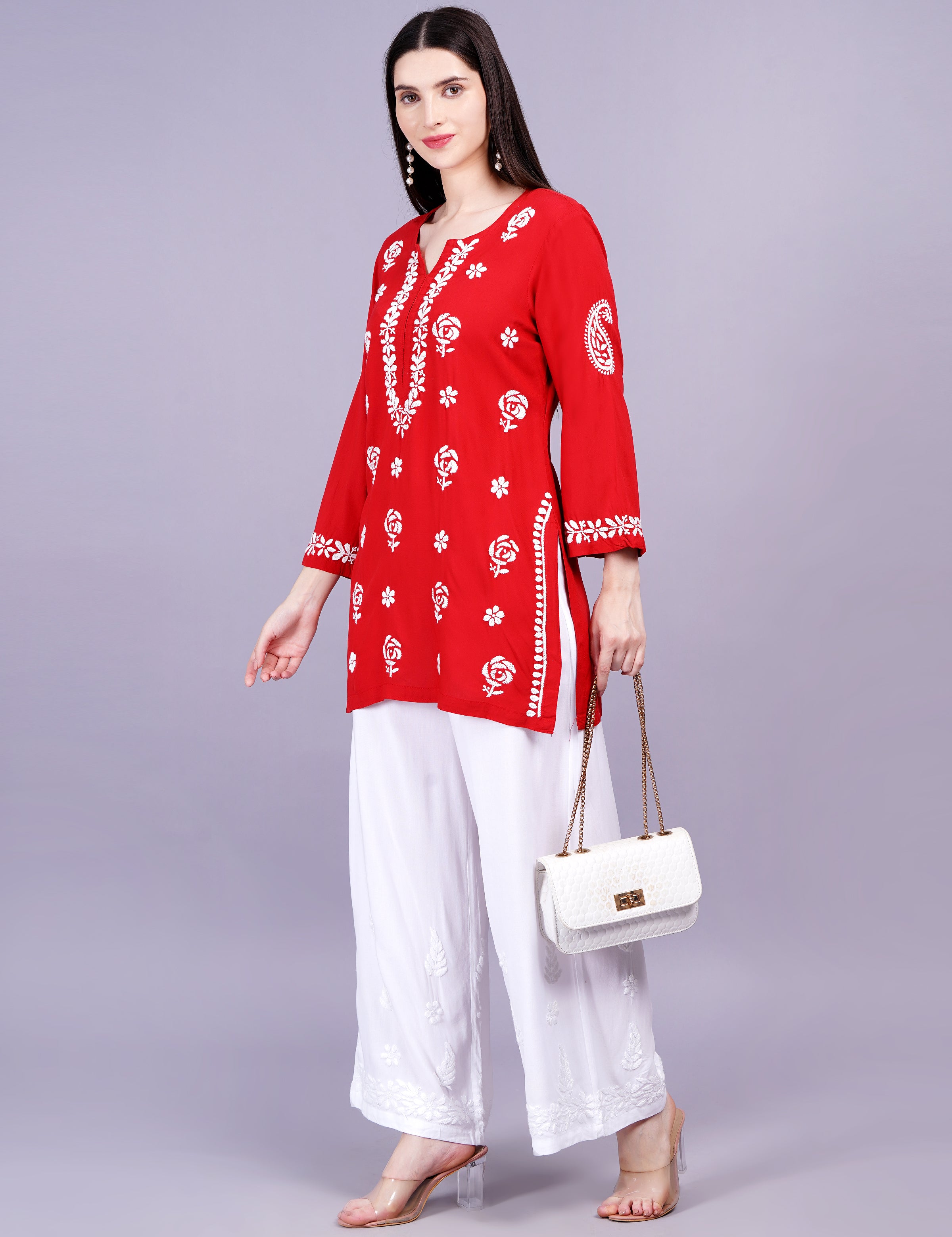 Red Viscose Rayon Chikankari Kurti