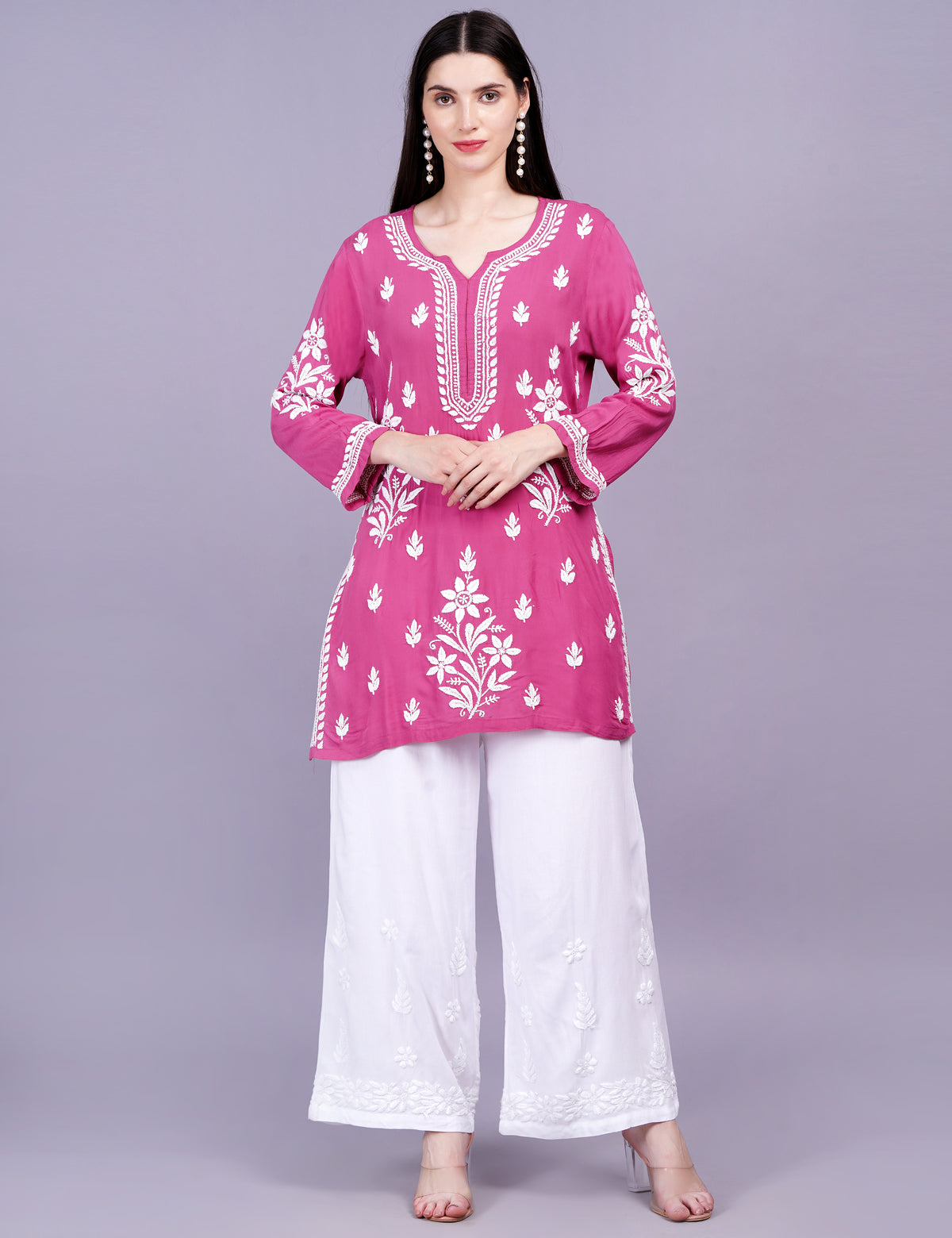 Modal Cotton Wine Chikankari Ghas Pati Kurti