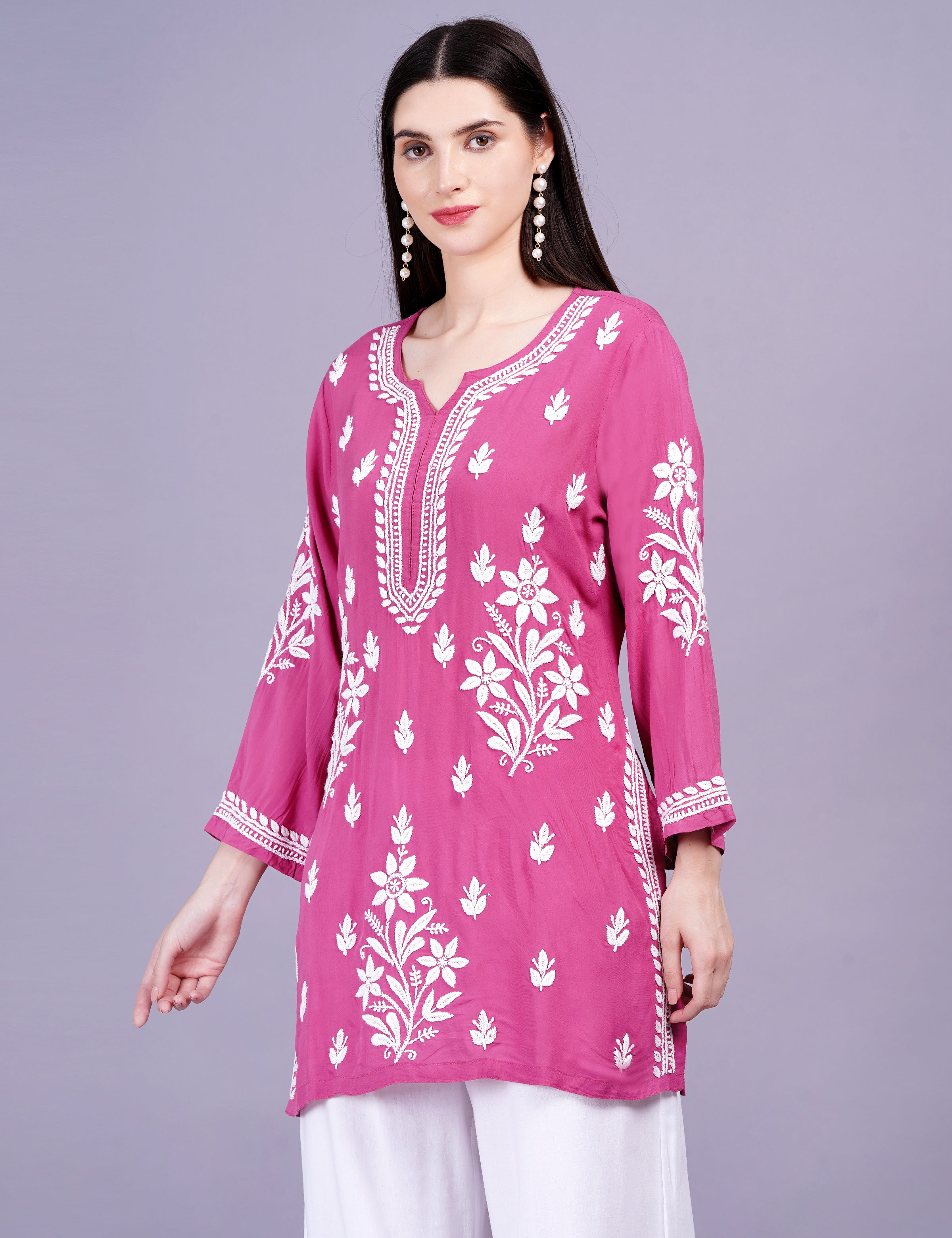 Modal Cotton Wine Chikankari Ghas Pati Kurti