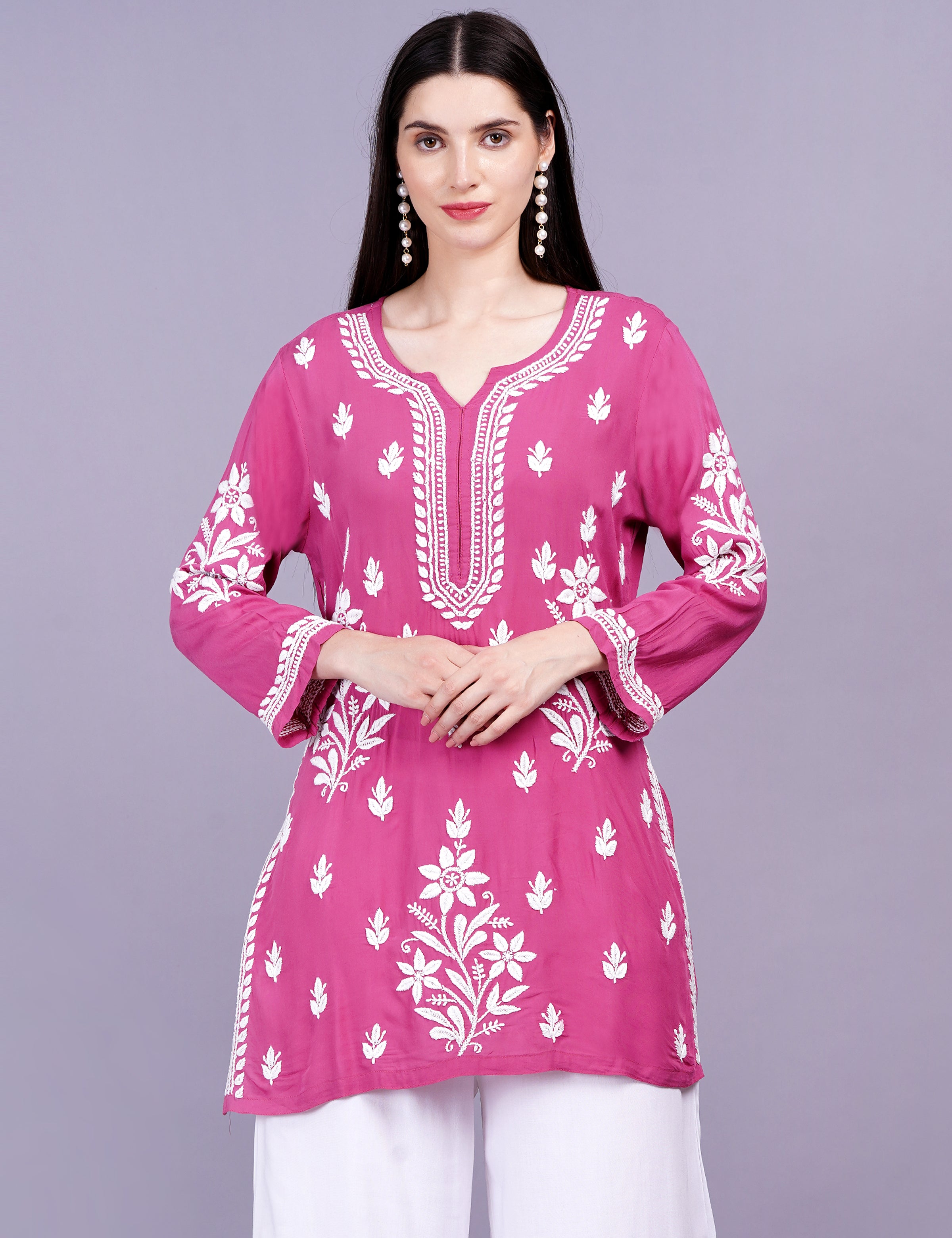 Modal Cotton Wine Chikankari Ghas Pati Kurti