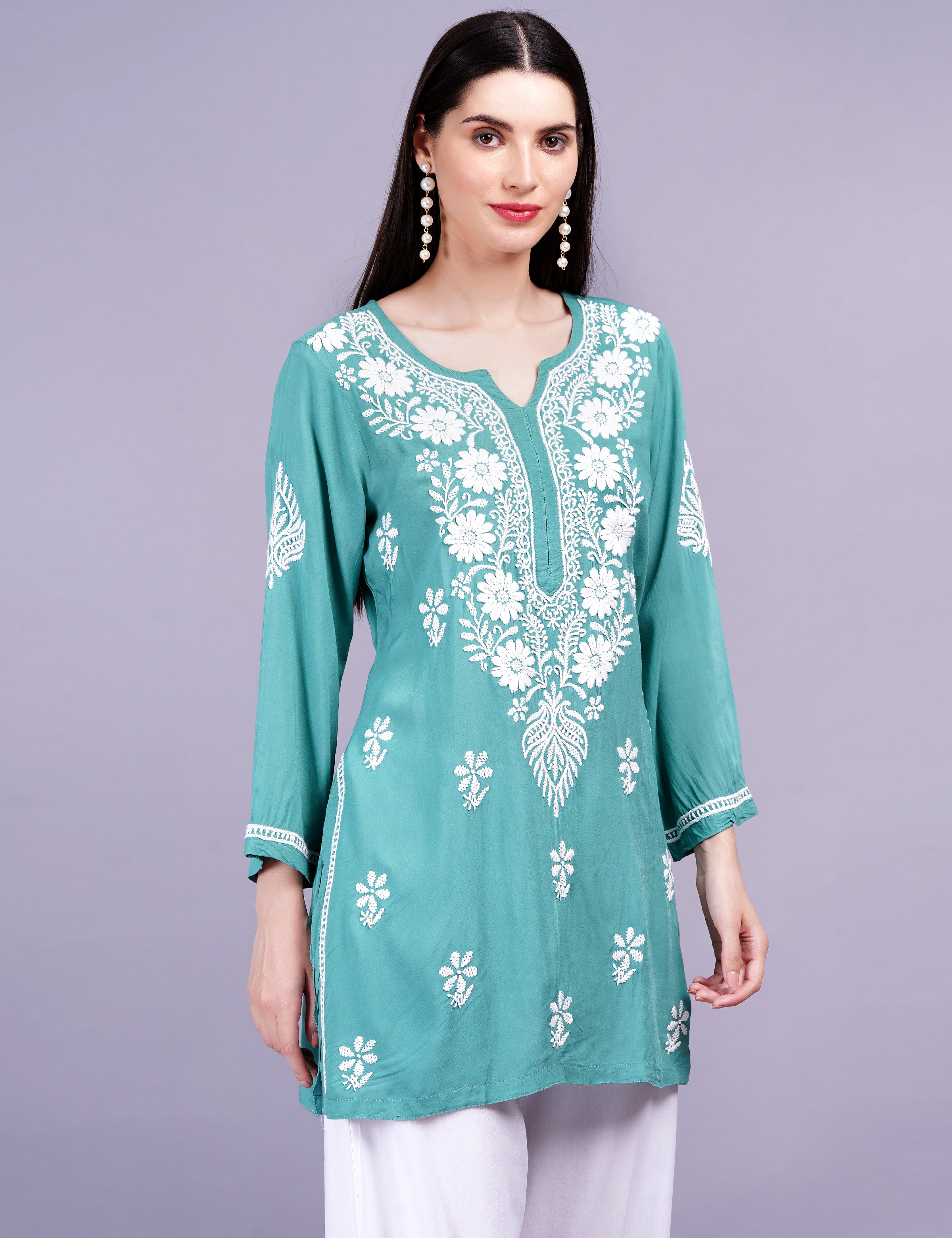 Modal Cotton Green Chikankari Kurti