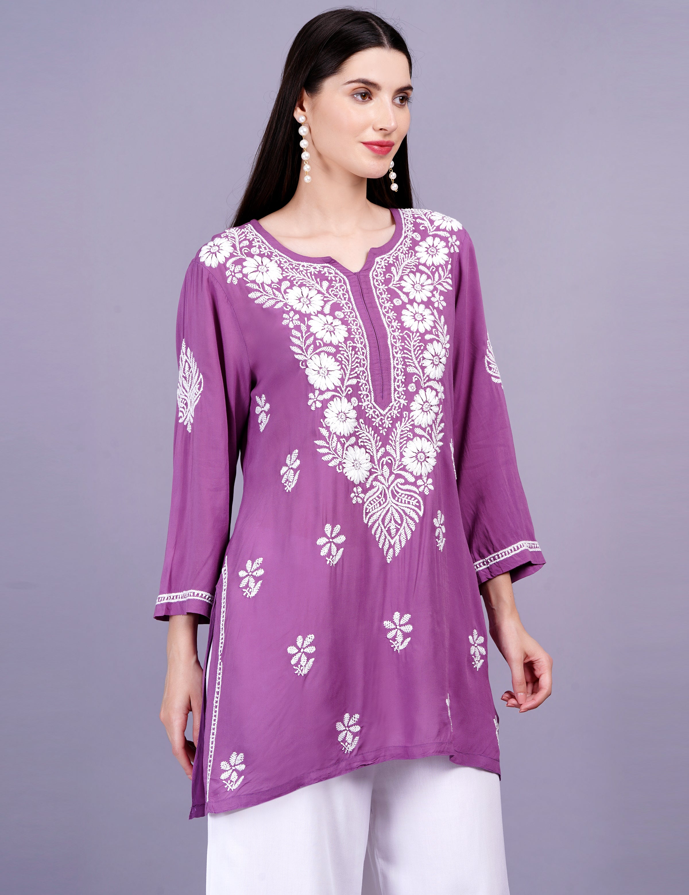 Modal Wine Color Chikankari Kurti - Sufiza Lifestyle