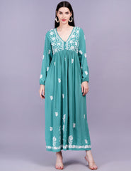 Modal Cotton Green Dress Chikankari Work