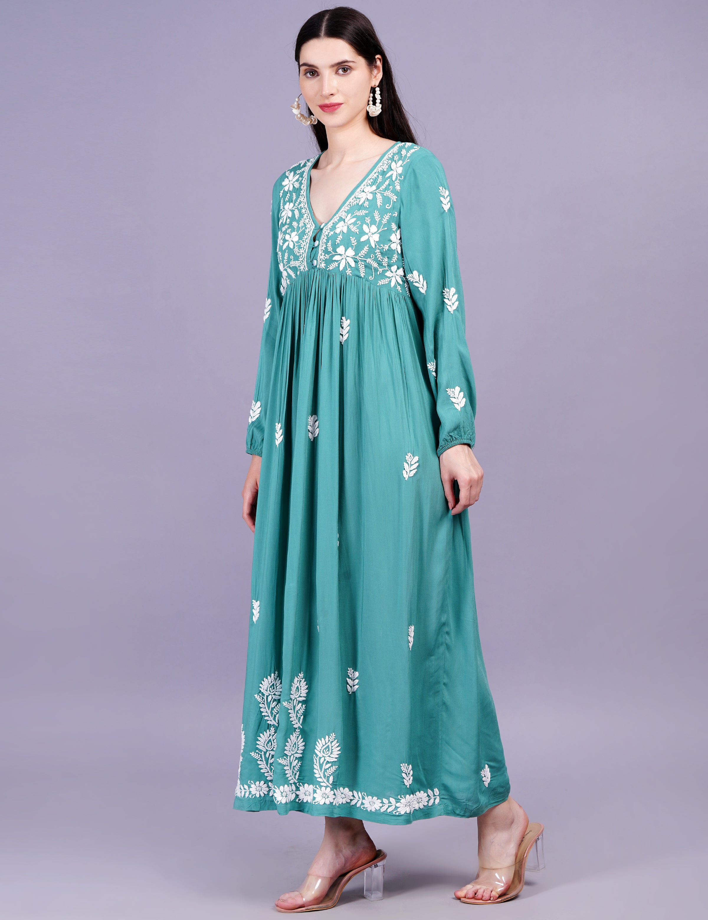 Modal Cotton Green Dress Chikankari Work