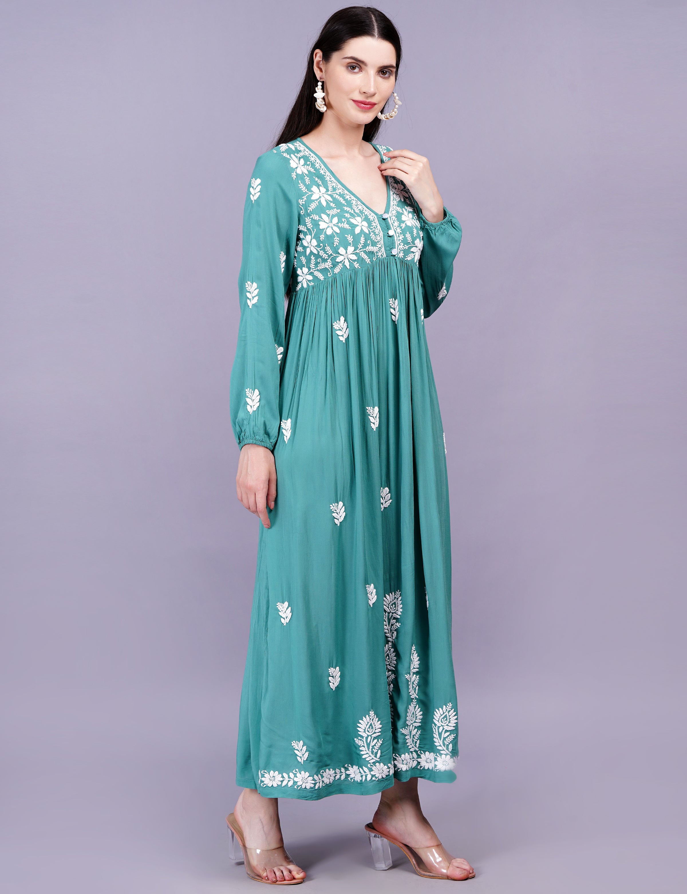 Modal Cotton Green Dress Chikankari Work