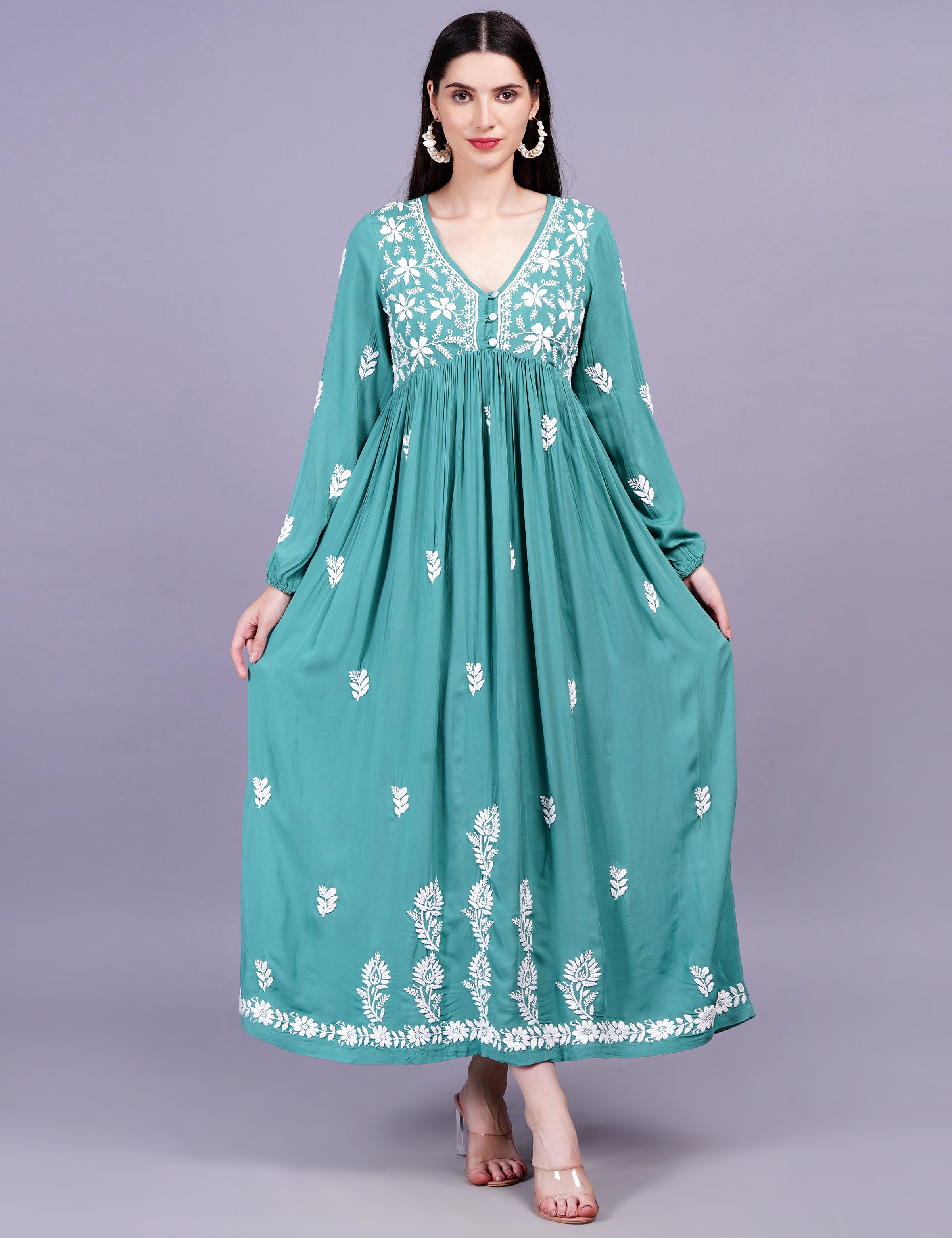 Modal Cotton Green Dress Chikankari Work