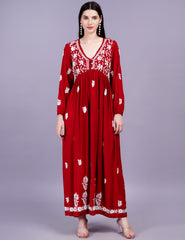 Modal Cotton Red Dress Chikankari Work