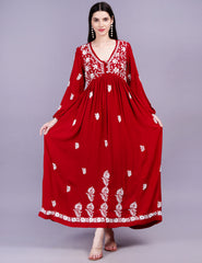 Modal Cotton Red Dress Chikankari Work