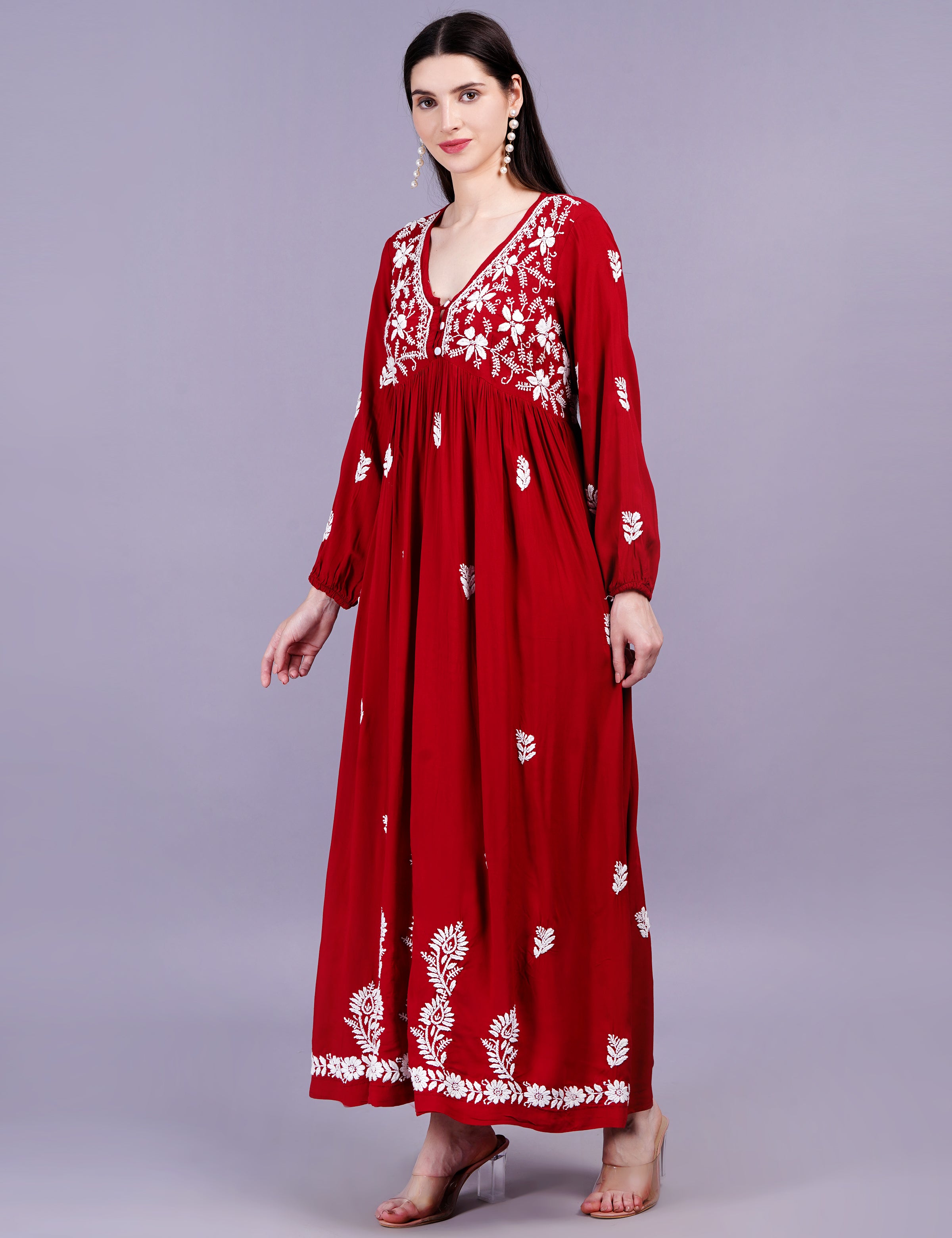 Modal Cotton Red Dress Chikankari Work