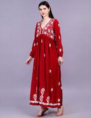 Modal Cotton Red Dress Chikankari Work