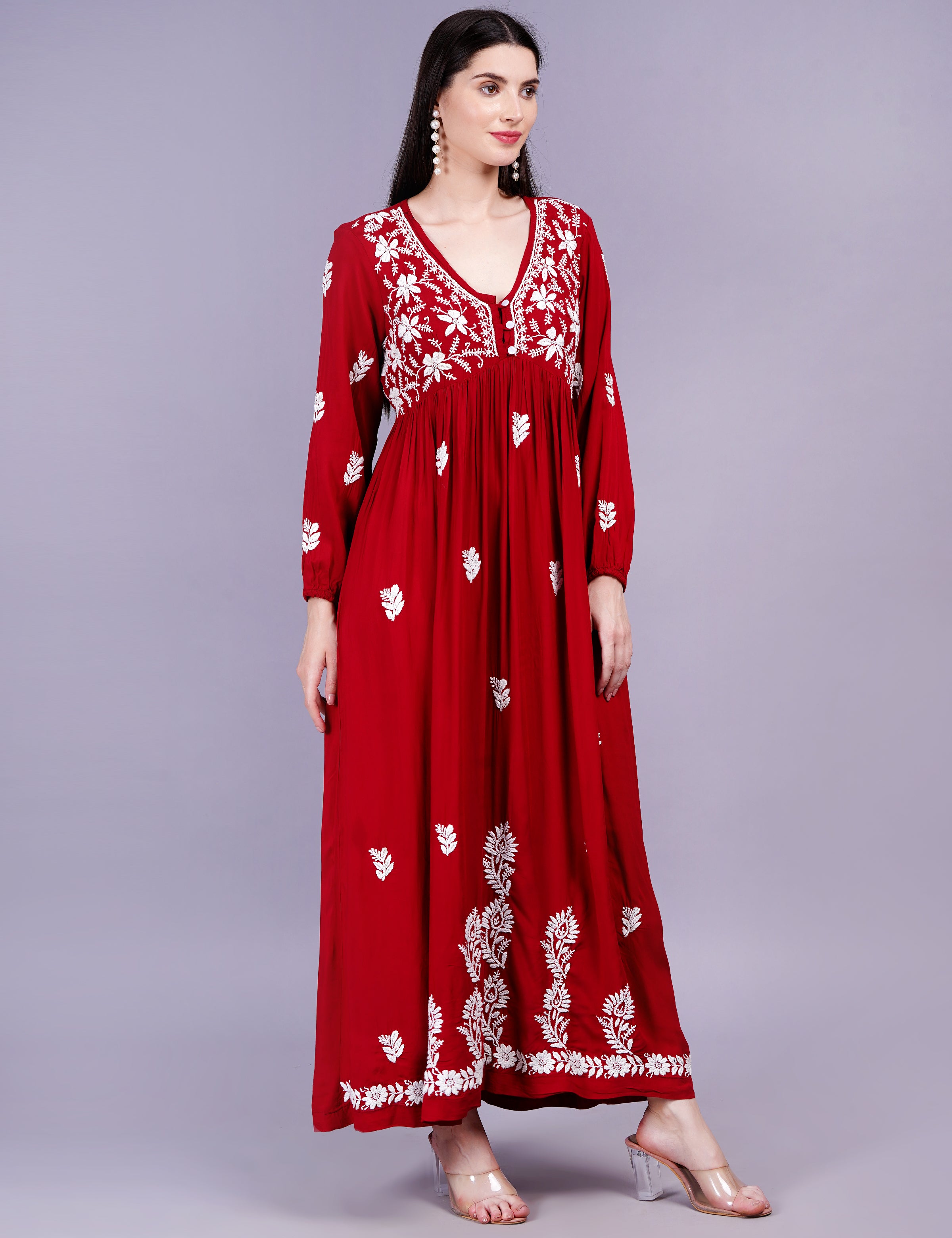 Modal Cotton Red Dress Chikankari Work