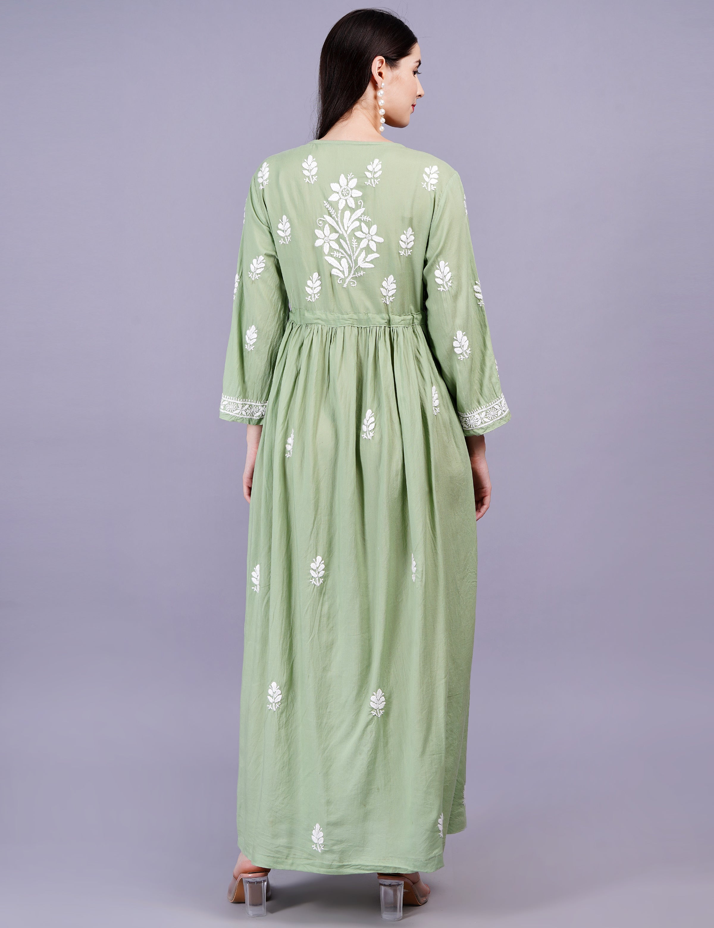 Modal Cotton Pista Green Dress Chikankari Work