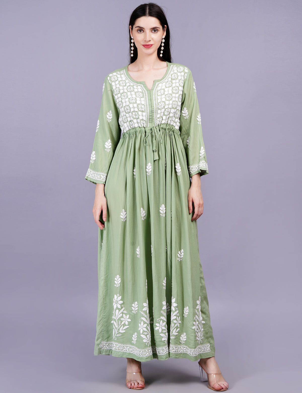 Modal Cotton Pista Green Dress Chikankari Work