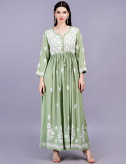 Modal Cotton Pista Green Dress Chikankari Work