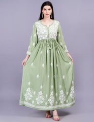 Modal Cotton Pista Green Dress Chikankari Work