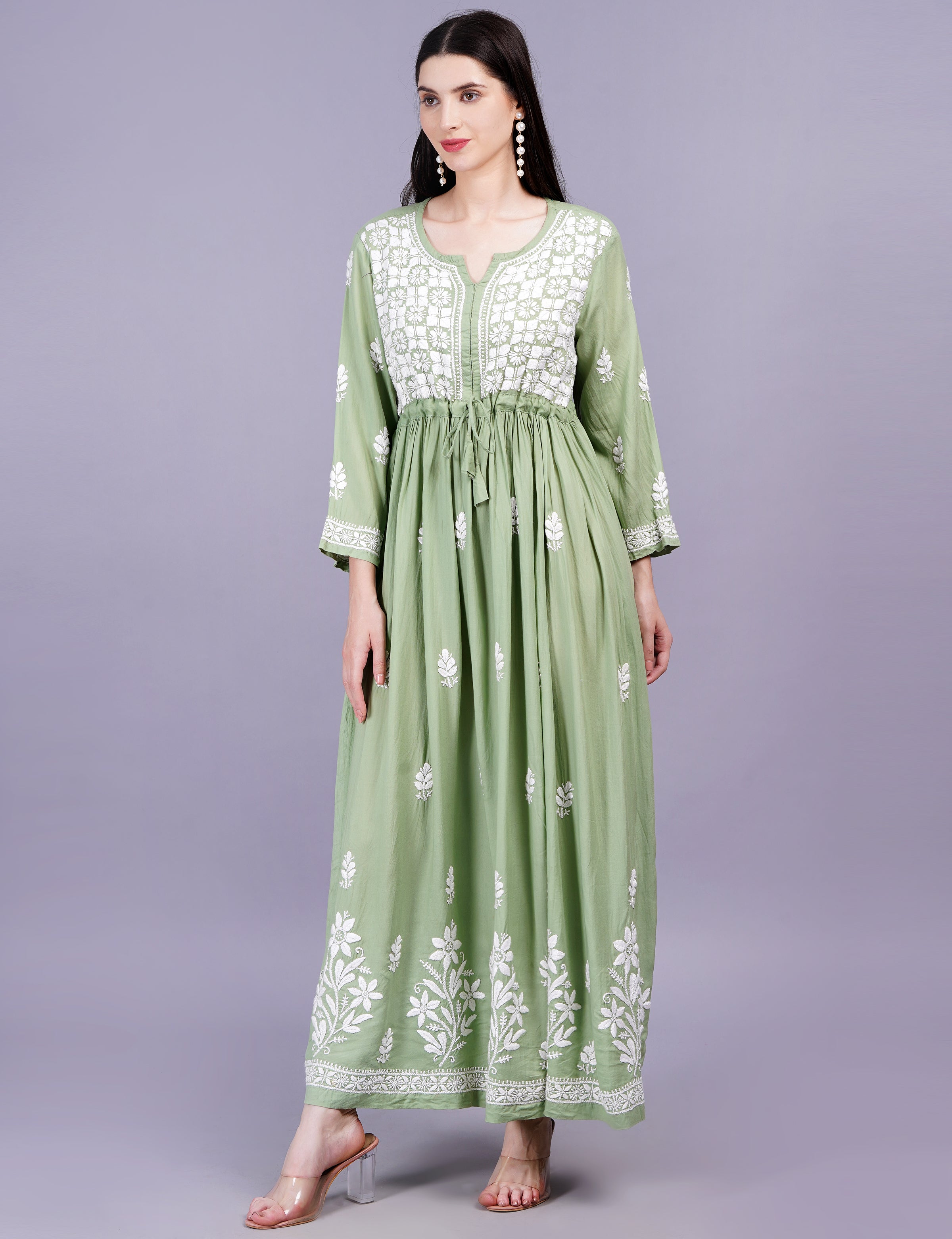 Modal Cotton Pista Green Dress Chikankari Work