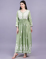 Modal Cotton Pista Green Dress Chikankari Work