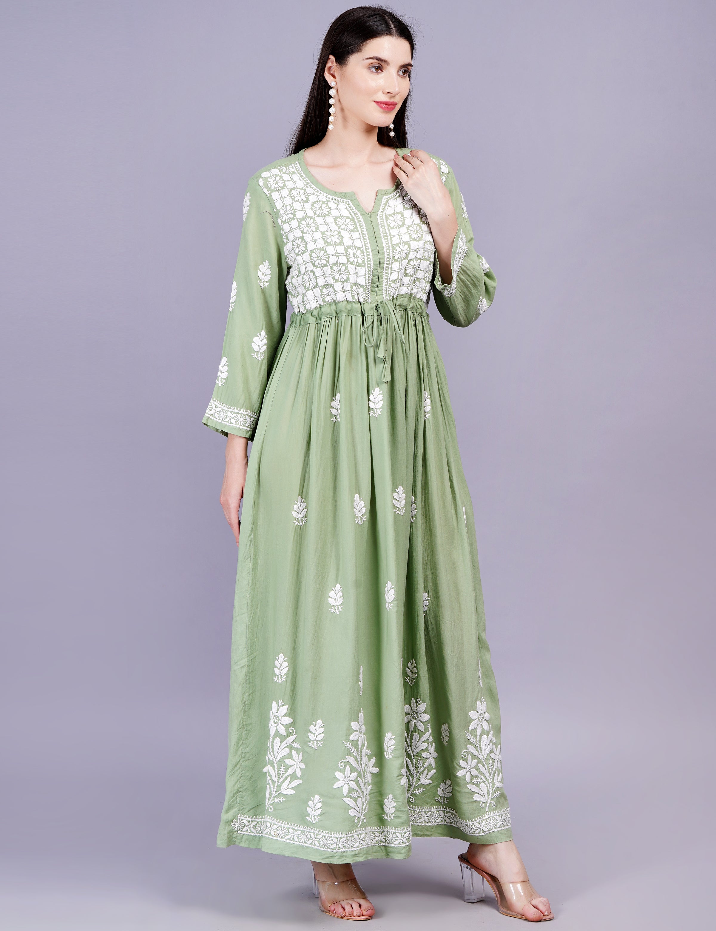 Modal Cotton Pista Green Dress Chikankari Work