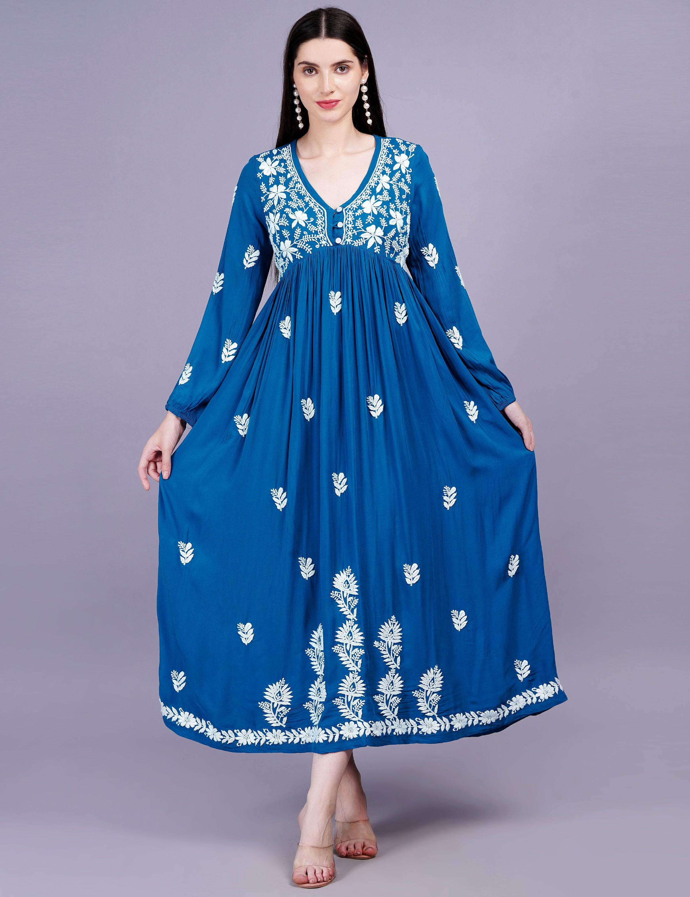 Modal Coton Blue Dress Chikankari Work