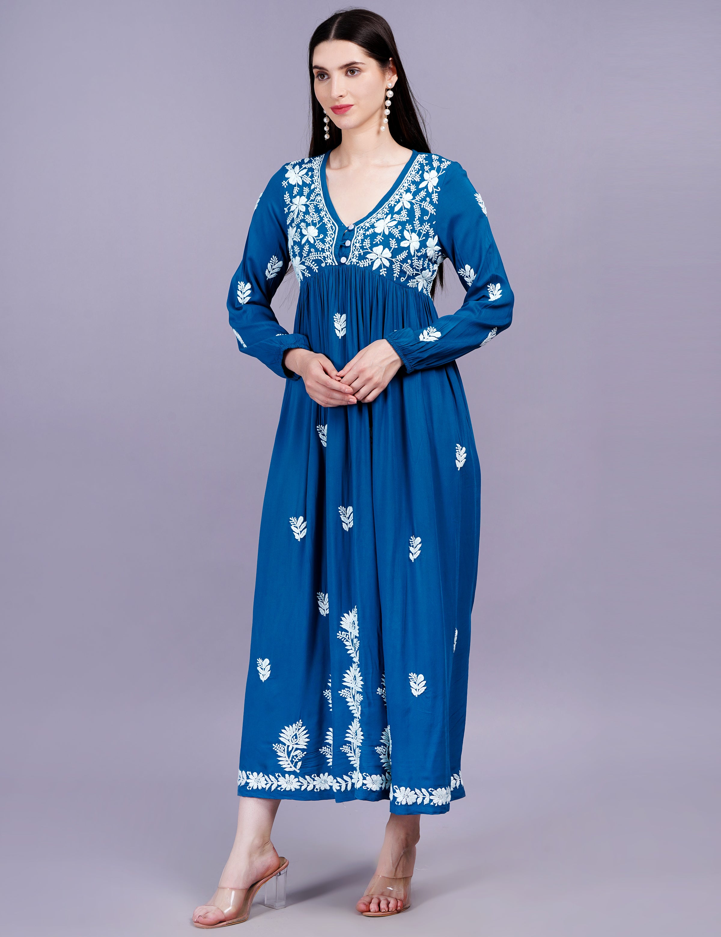 Modal Coton Blue Dress Chikankari Work