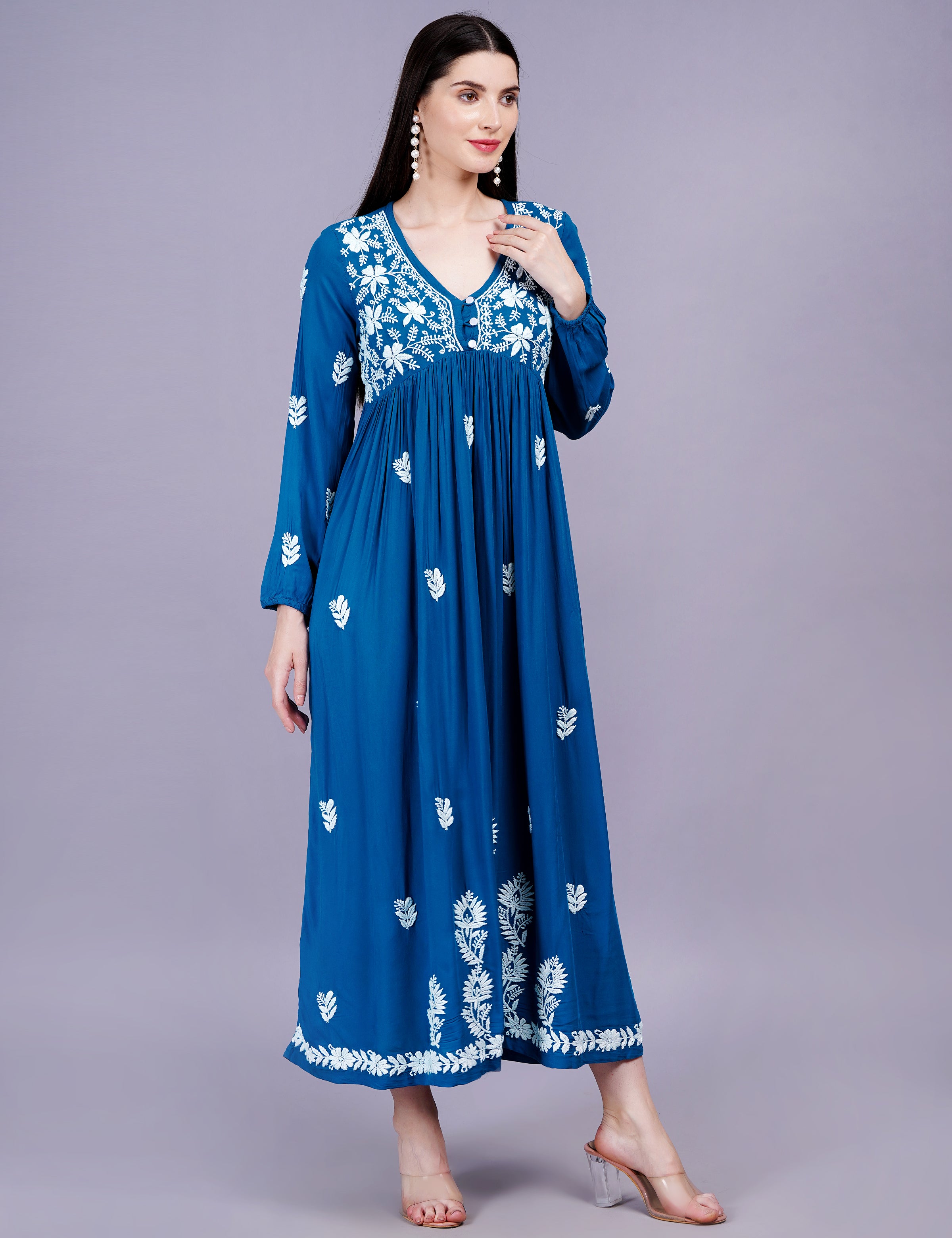 Modal Coton Blue Dress Chikankari Work