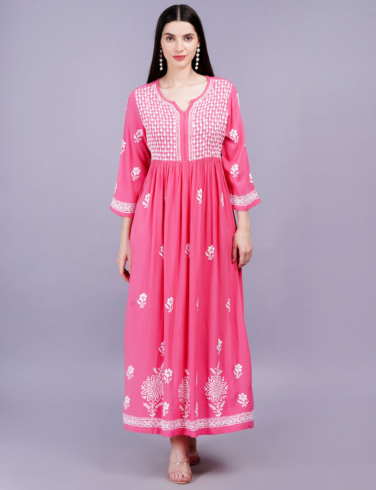 Rayon Cotton Pink Color Dress Chikankari Work