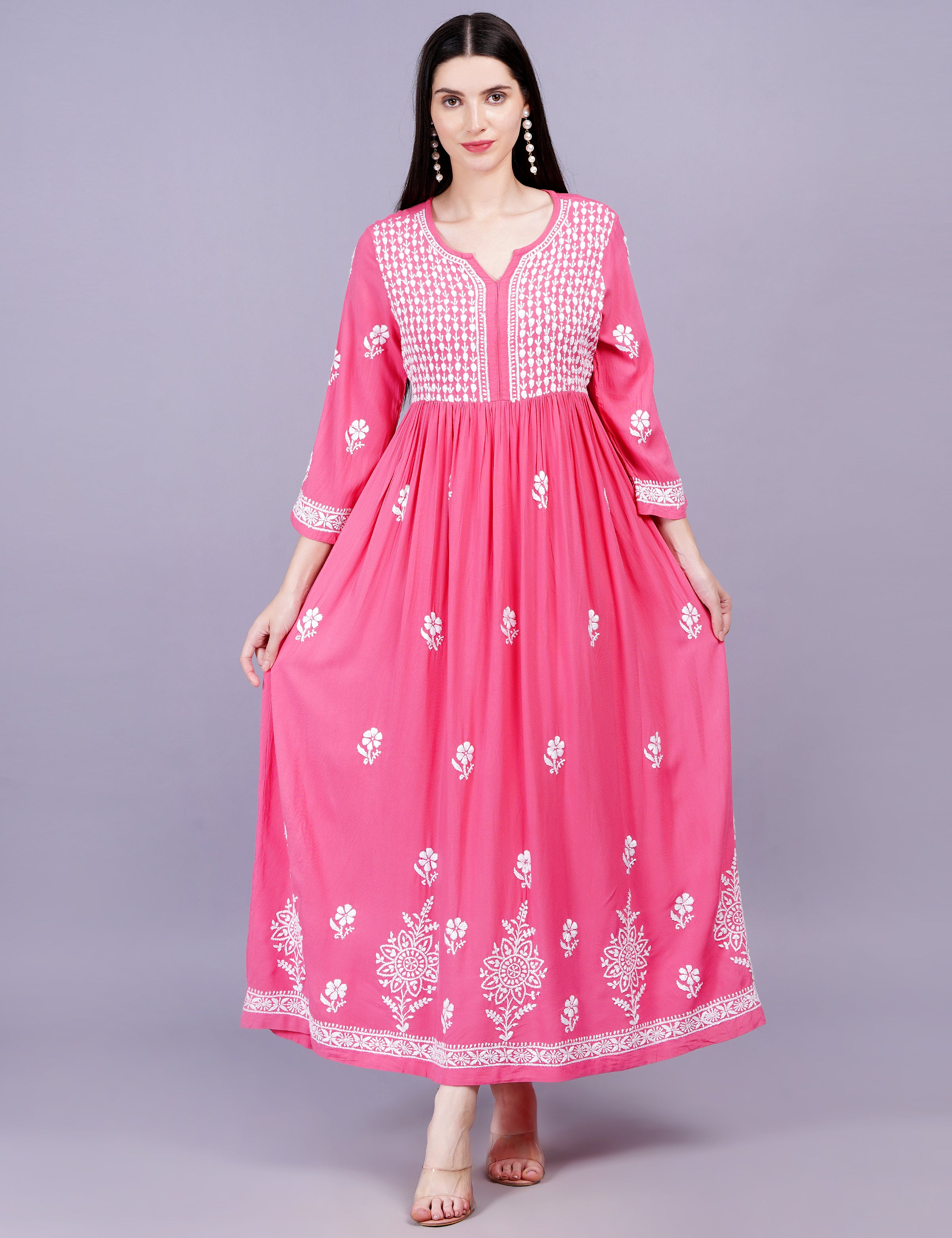 Rayon Cotton Pink Color Dress Chikankari Work