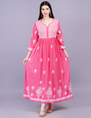 Rayon Cotton Pink Color Dress Chikankari Work