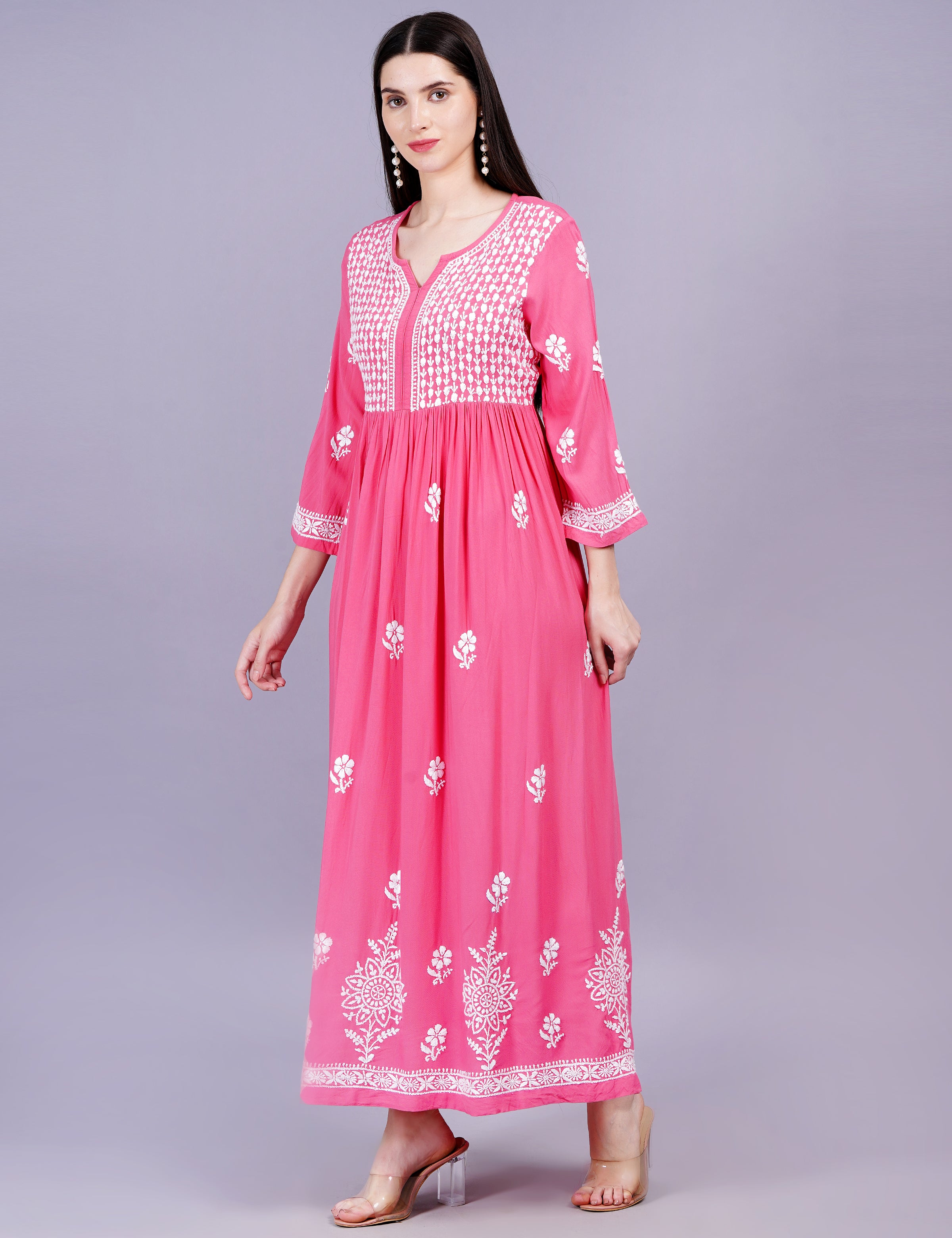 Rayon Cotton Pink Color Dress Chikankari Work